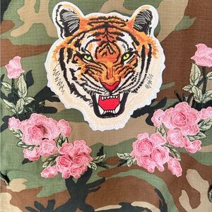 Embroidered Tiger & Pink Rose Applique Camo Jacket Panel
